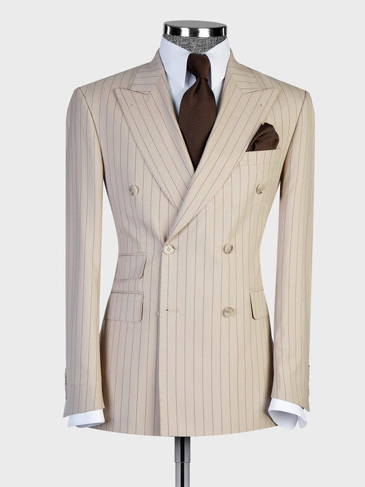 Khaki striped 2 piece Double-breasted Peak Lapel suit