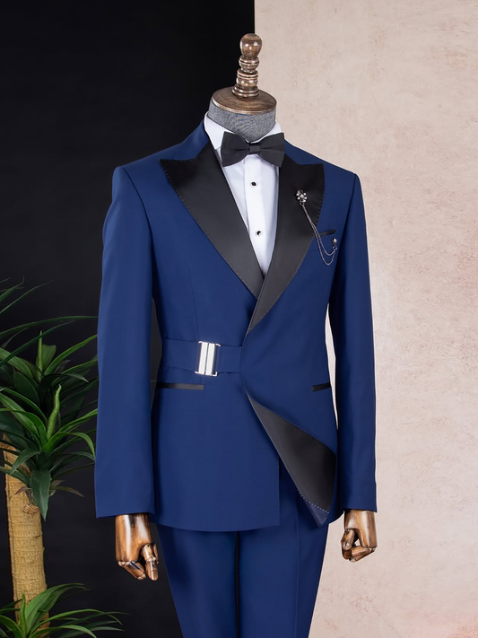 Navy 2-piece metal buckle black Peak Lapel suit