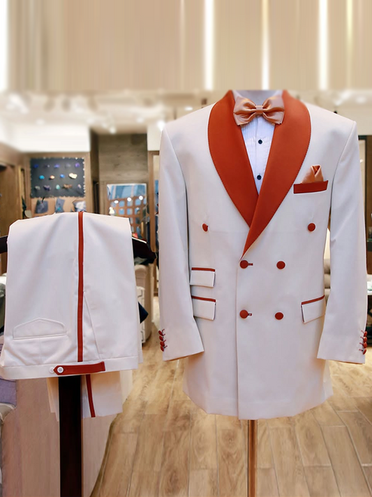 White 2 piece Double-breasted Red Shawl Lapel suit