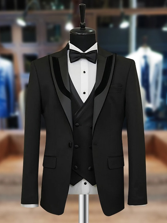 Black 3-piece 1-button Peak Lapel suit