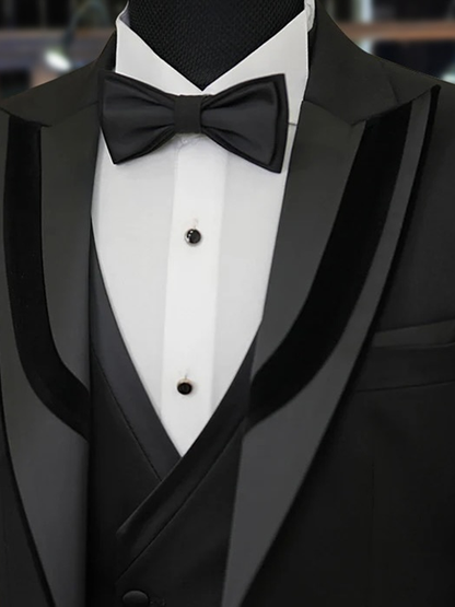 Black 3-piece 1-button Peak Lapel suit