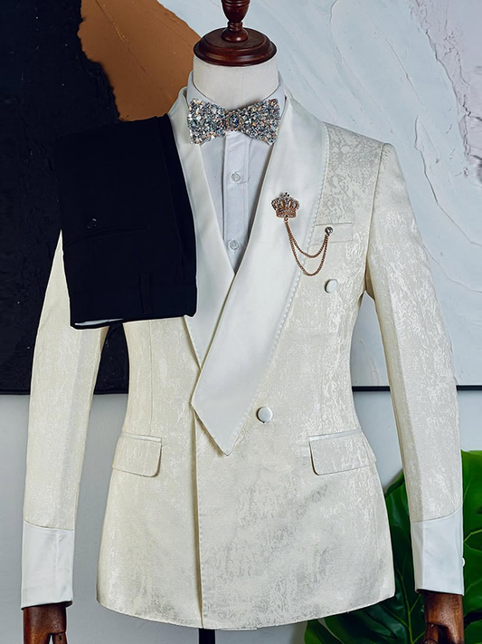White jacquard 2 piece Double-Breasted Shawl Lapel suit