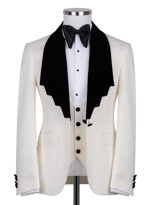 White 3 Piece Black Shawl Lapel Single Breasted Suit