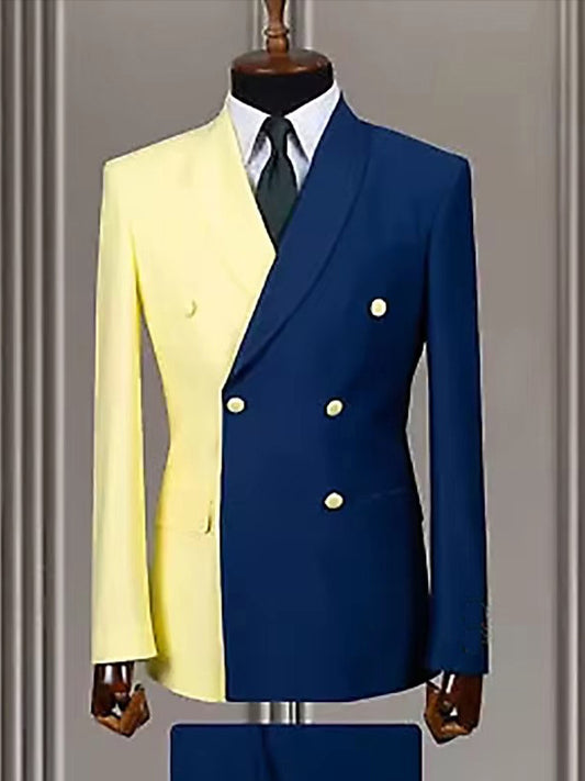 Yellow-blue 2 Piece Shawl Lapel Double-breasted Suit