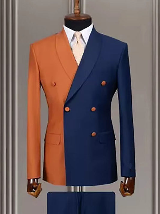 Orange-blue 2 Piece Shawl Lapel Double-breasted Suit