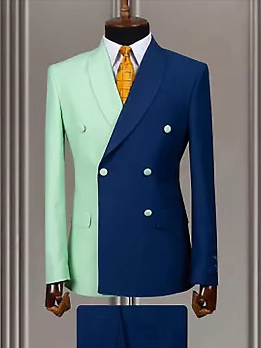 Green-blue 2 Piece Shawl Lapel Double-breasted Suit