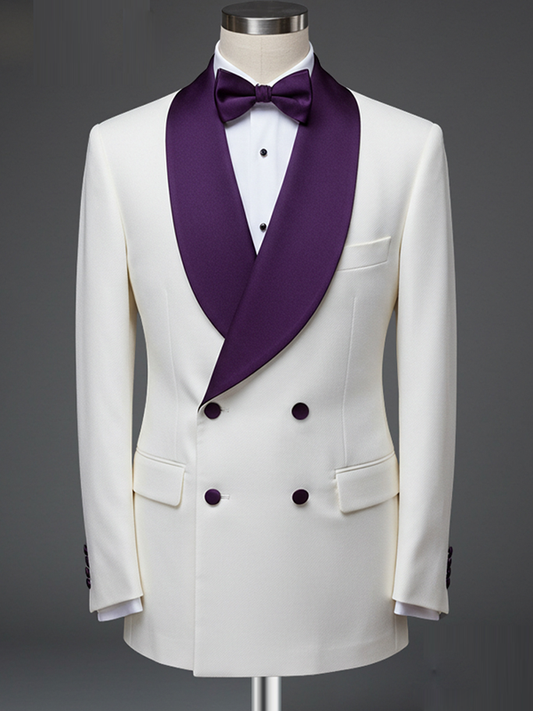 White 2 Piece Purple Shawl Lapel Double Breasted Suit