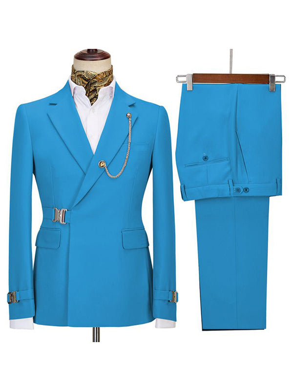 Blue 2 Piece Notch Lapel Metal Button Suit