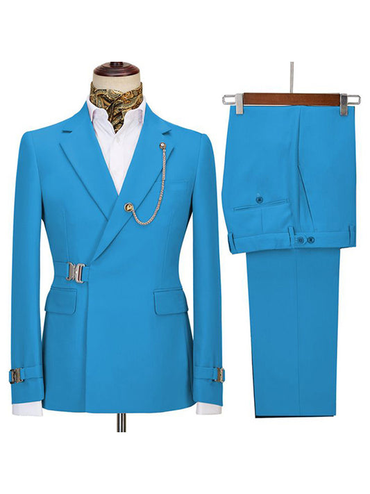 Blue 2 Piece Notch Lapel Metal Button Suit