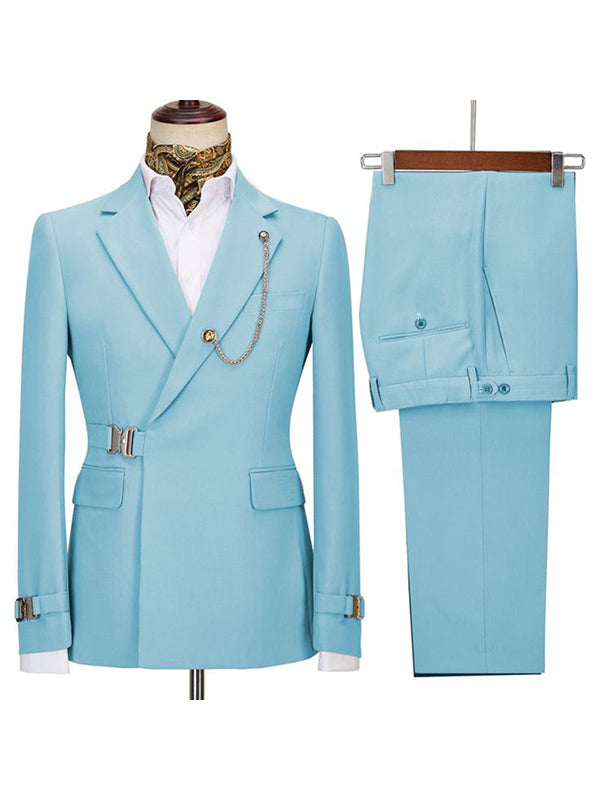 Light blue 2 Piece Notch Lapel Metal Button Suit