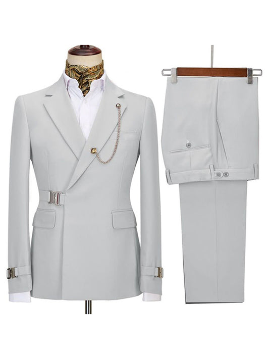 Gray 2 Piece Notch Lapel Metal Button Suit