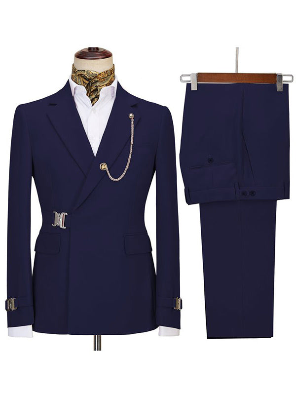 Navy blue 2 Piece Notch Lapel Metal Button Suit