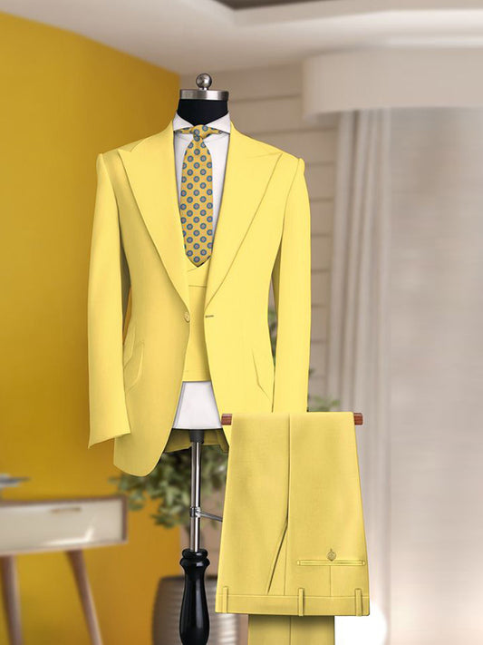 Yellow 3 Piece Peak Lapel 1 Button Suit