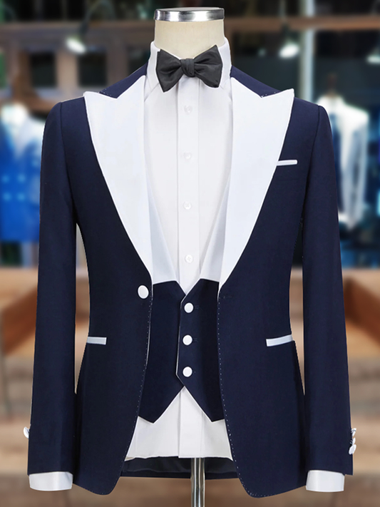 Blue 3 Piece Peak Lapel 1 Button Suit