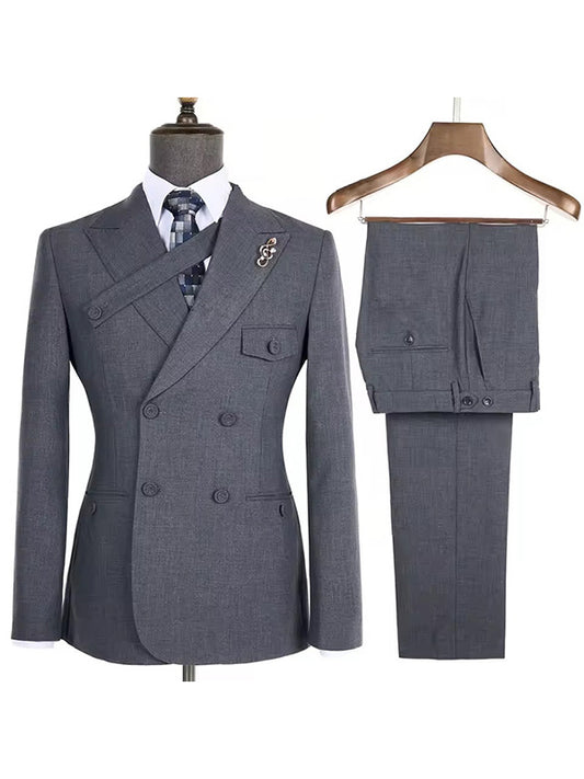 Grey 2 Piece Peak Lapel Double-breasted Suit