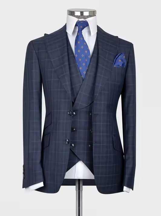 Blue Plaid 3 Piece Peak Lapel Single Breasted Suit