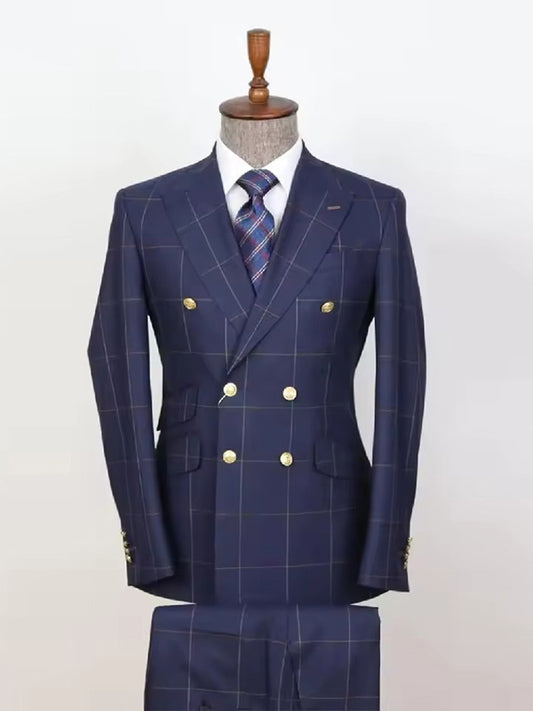 Blue Pliad 2 Piece Peak Lapel Double-breasted Suit