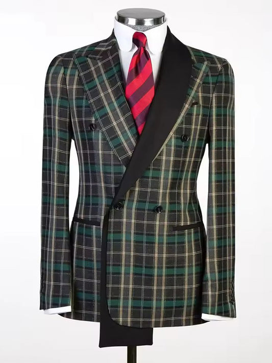 Grey Plaid 2 Piece Peak Lapel Double-breasted Suit