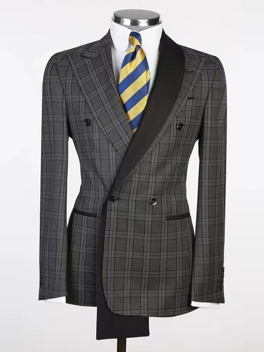 Dark grey Plaid 2 Piece Peak Lapel Double-breasted Suit