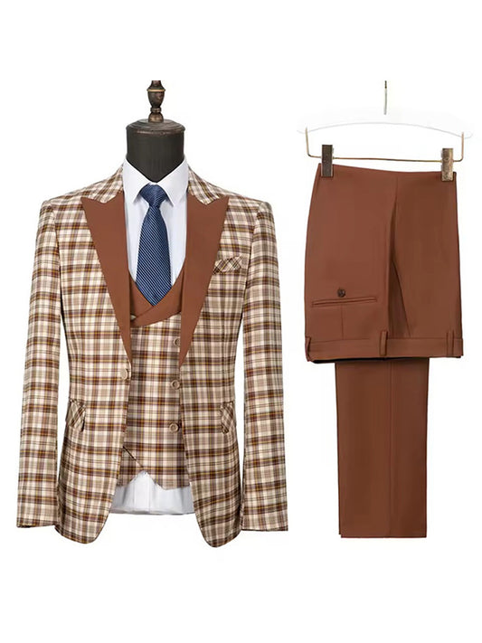 Coffee Plaid 3 Piece Peak Lapel Single Breasted Suit