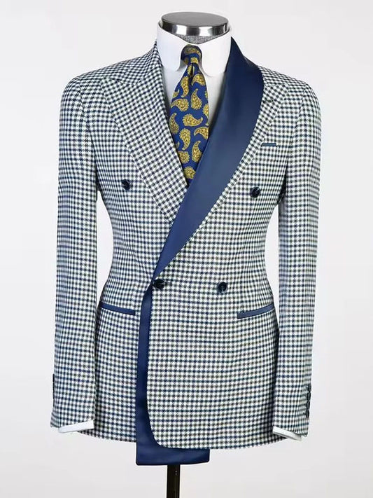 Blue Plaid 2 Piece Peak Lapel Double Breasted Suit