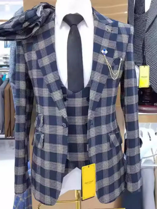 Blue Plaid 3 Piece Peak Lapel Single Breasted Suit