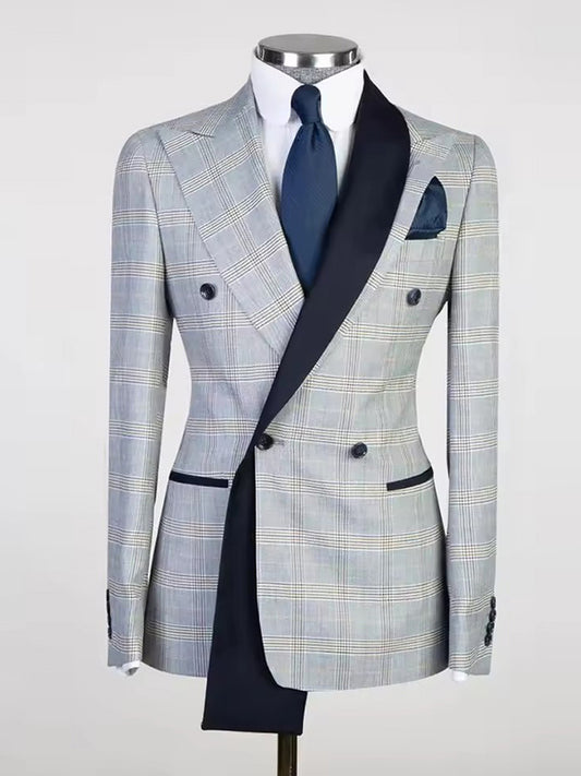 Blue Plaid 2 Piece Peak Lapel Double breasted Suit