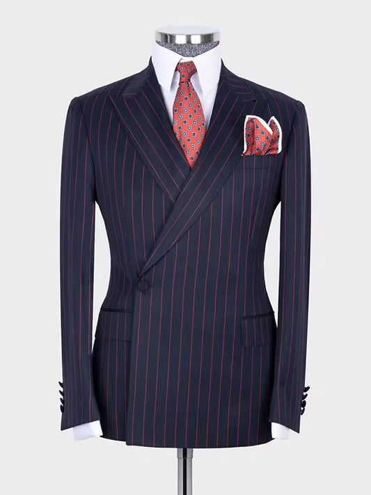 Navy blue Striped 2 Piece Peak Lapel 1 Button Suit