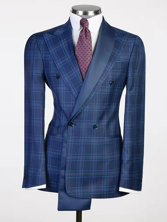 Blue 2 Piece Peak Lapel Double-breasted Suit