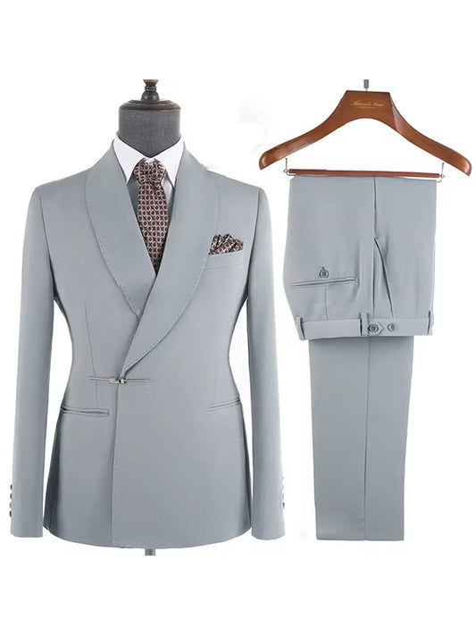 Grey 2 piece Metal Buckle Shawl Lapel suit