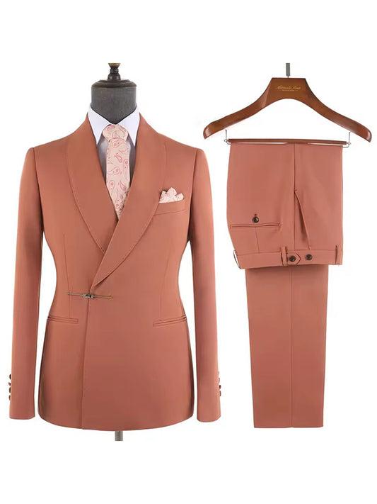 Orange 2 piece Metal Buckle Shawl Lapel suit