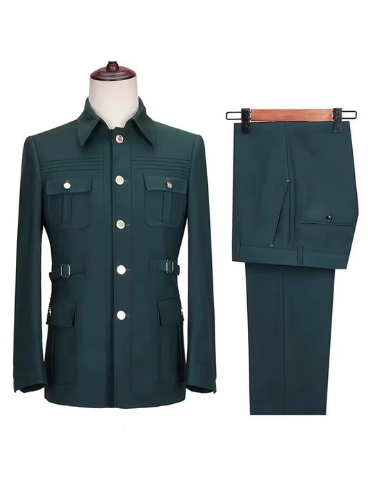 Army green 2-piece single-breasted Lapel suit