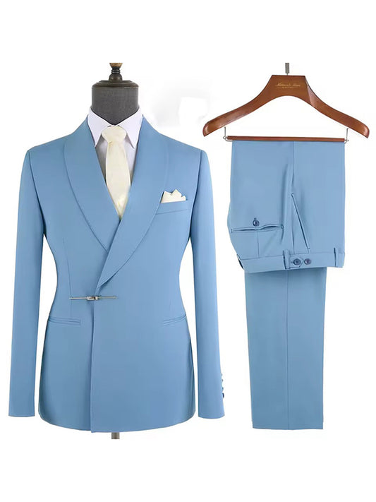 Blue 2 piece Metal Buckle Shawl Lapel suit