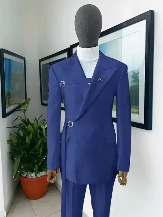 Navy blue 2-piece lace-up Peak Lapel suit
