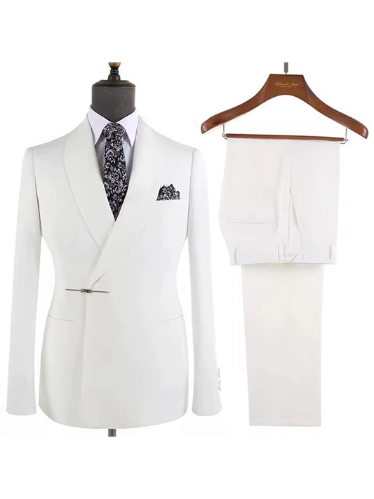 White 2 piece Metal Buckle Shawl Lapel suit