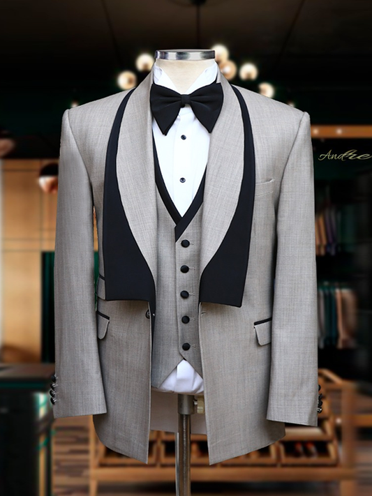 Grey 3-piece single-breasted Shawl Lapel suit