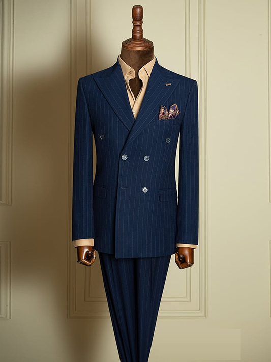 Navy Blue striped 2 piece Double-Breasted Peak Lapel suit
