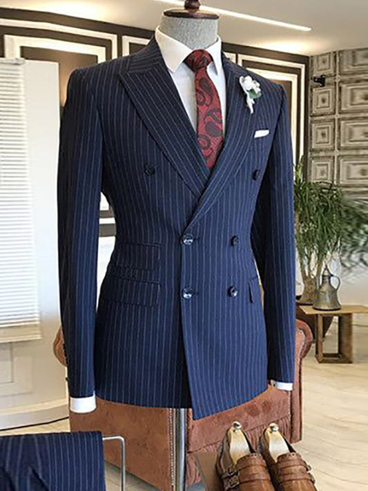 Blue Stripe 2 Piece Double Breasted Peak Lapel Suit
