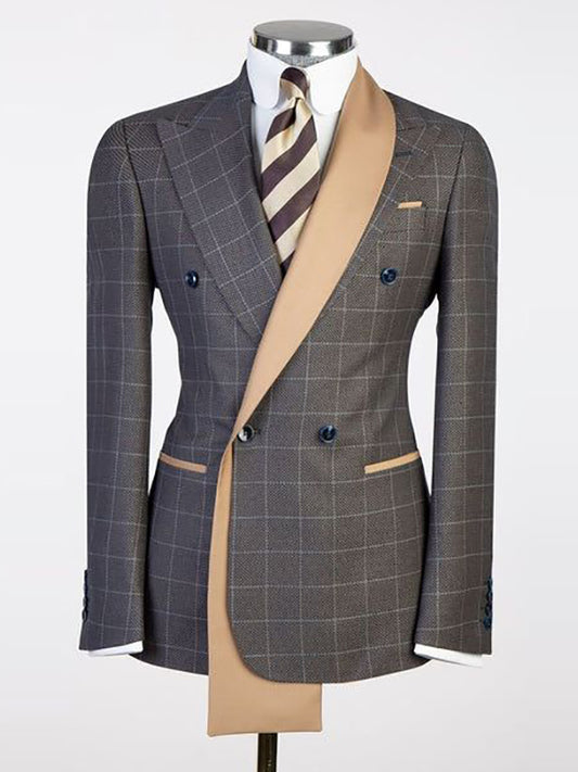 Dark Grey Plaid 2 Piece Double Breasted Lapel Suit