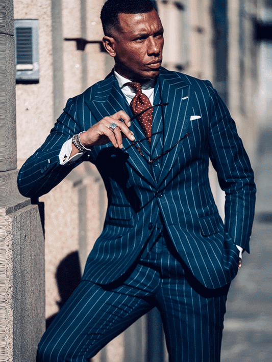 Navy Blue Stripe 3 Piece Single Breasted Peak Lapel Suit