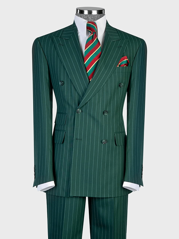 Green Stripe 2 Piece Double Breasted Peak Lapel Suit