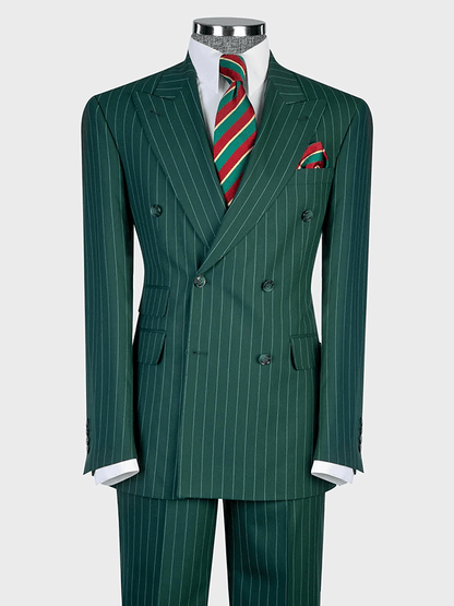 Green Stripe 2 Piece Double Breasted Peak Lapel Suit
