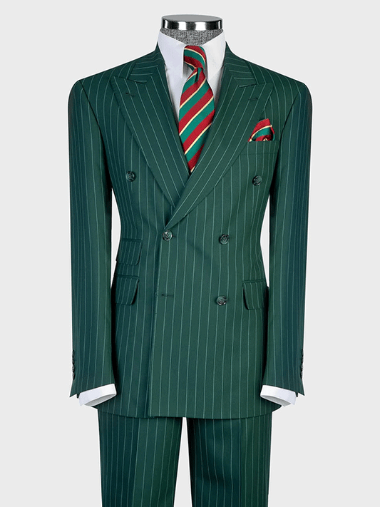 Green Stripe 2 Piece Double Breasted Peak Lapel Suit
