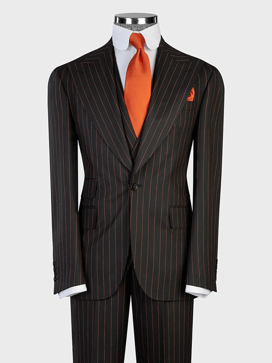 Brown Stripe 3 Piece Single Breasted Peak Lapel Suit