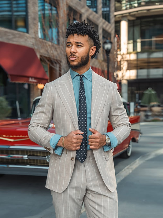 Grey Stripe 2 Piece Single Breasted Peak Lapel Suit