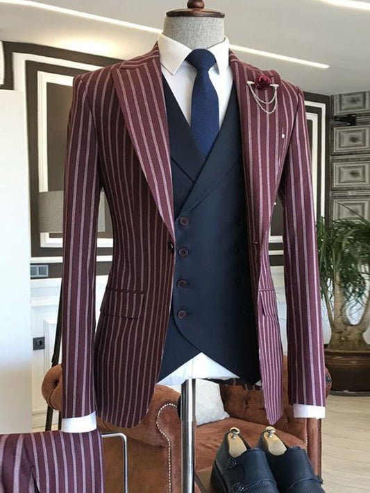 Purple Stripe 3 Piece Single Breasted Peak Lapel Suit