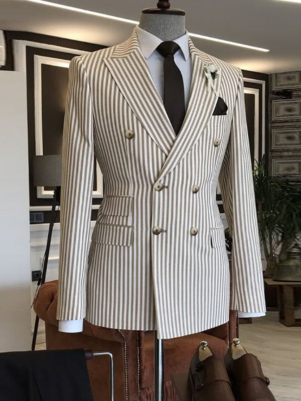 Khaki Stripe 2 Piece Double Breasted Peak Lapel Suit