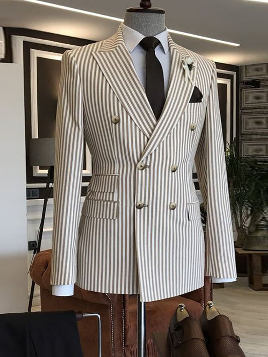 Khaki Stripe 2 Piece Double Breasted Peak Lapel Suit