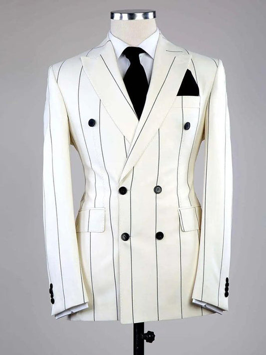 White Stripe 2 Piece Double Breasted Peak Lapel Suit
