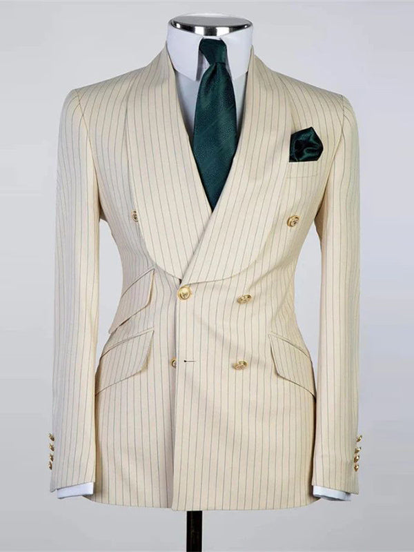 Beige 2 Piece Double Breasted Shawl Lapel Suit